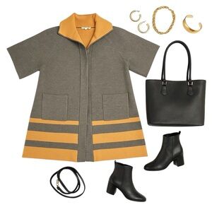 E3 by Etcetera Women’s XL Rare Wool Blend Knit Coat Gray Mustard Stripe in EUC